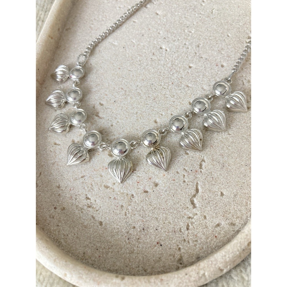 Silver Tone Dangle Heart Charm Necklace Ribbed Puffy‎ Heart Beads Whimsical